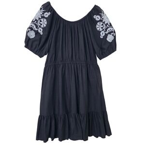 Knox Rose‎ Embroidered Puff Sleeve Dress Sz XL Black Dark Cottage Peasant Tiered